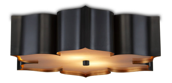 Currey and Company Grand Lotus Two Light Flush Mount In Satin Black /Contemporary Gold