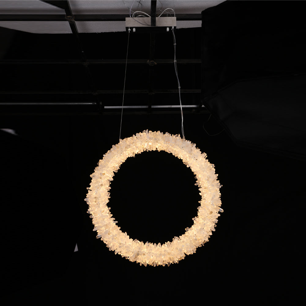 Rock Crystal Modern Geode Quartz Crystal Chandelier Vertical Hanging Ring Pendant Light