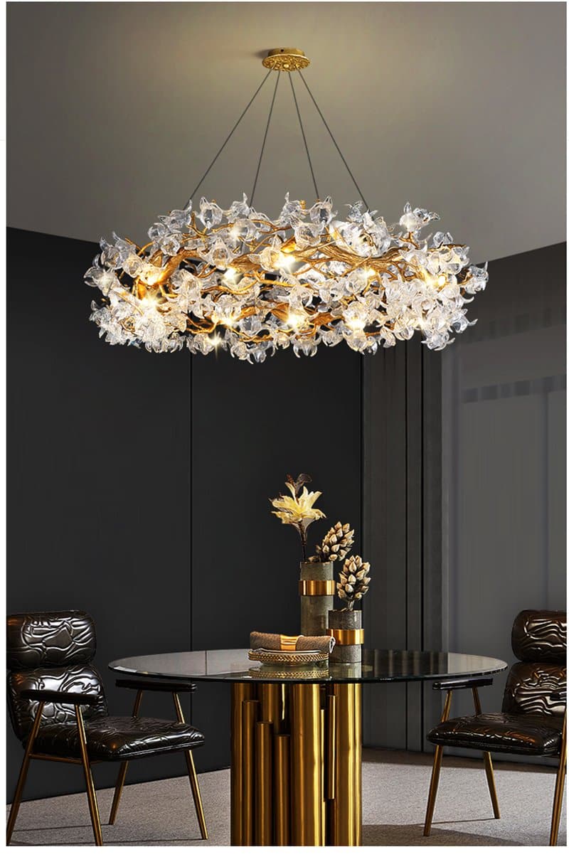 Branch Petal Crystal Brass Round Chandelier