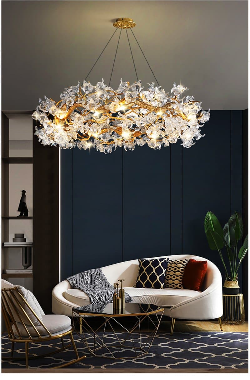 Branch Petal Crystal Brass Round Chandelier